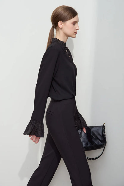 AMII Black Ruffle Splicing Loose Chiffon Shirt