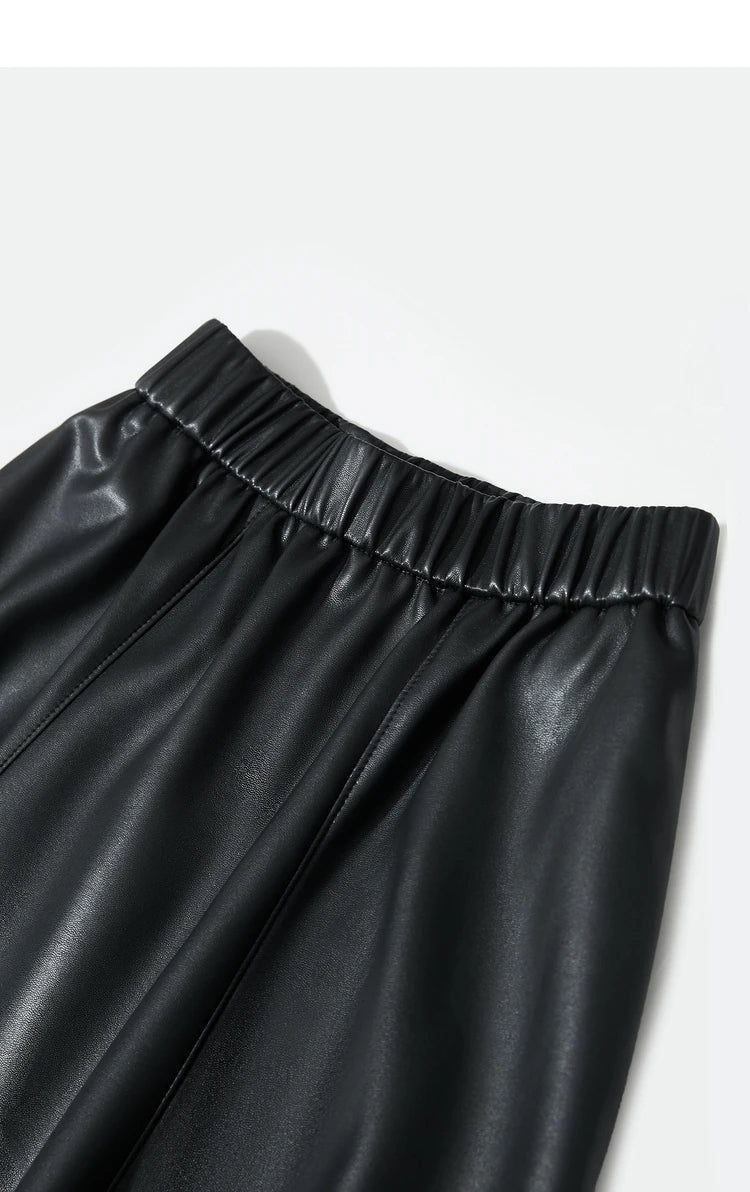 AMII Minimalist PU Elastic Waist Leather Skirt