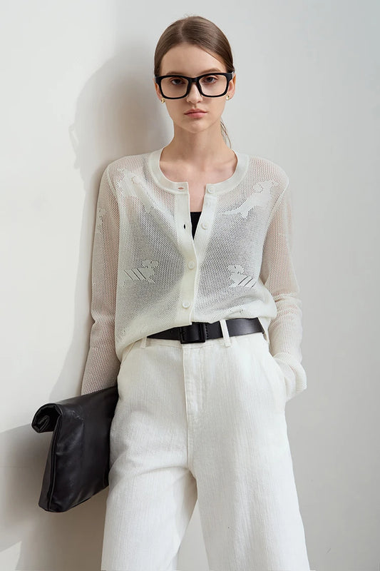 Amii Loose Crew Neck Dog Pattern Wool Shirt