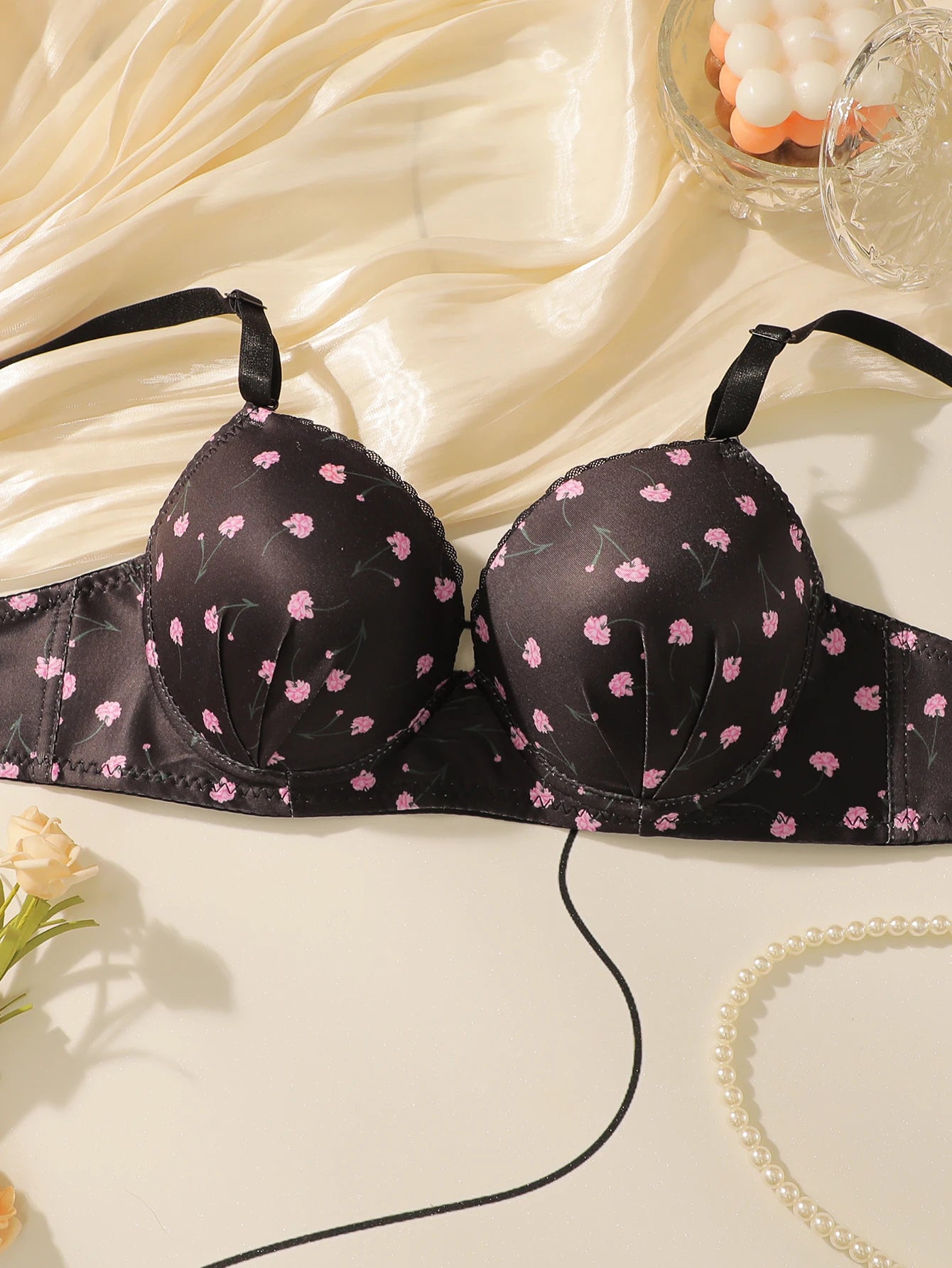 Black floral steel rims gathered push up bra and panties set