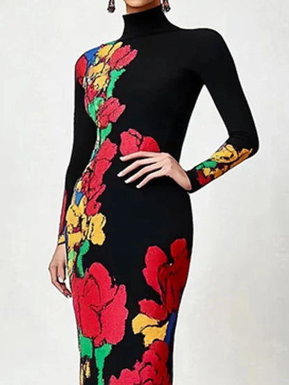 Elegant Black Floral Printed Long Sleeves High Neck Evening Dress