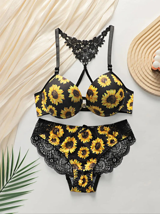 Chrysanthemum pattern push up bra and panties set