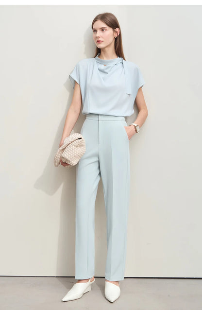 Amii Minimalism Swing Neck Chiffon  Blouse With Tie