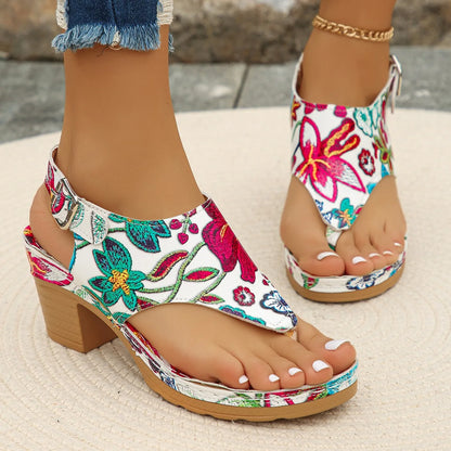 Colorful Floral Open Toe  Block Heels  Rome Sandals