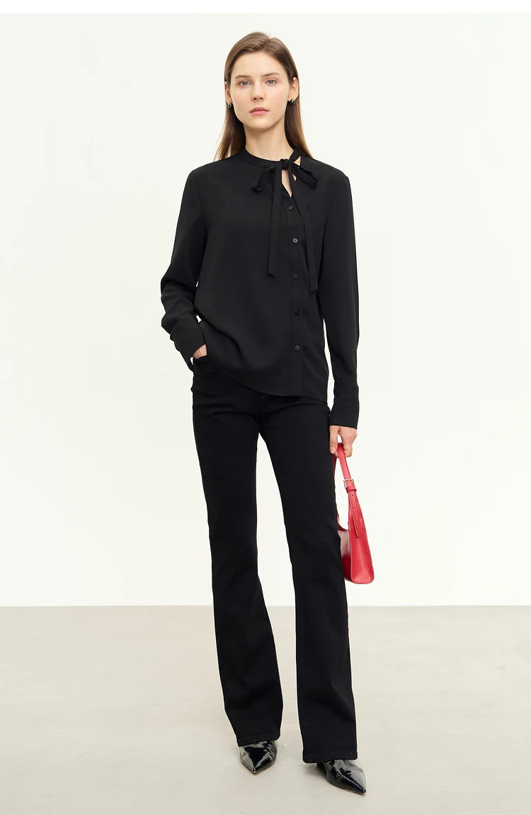 AMII  Stand Collar Lace Up Chiffon Blouse