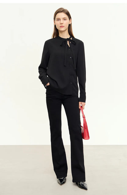 AMII  Stand Collar Lace Up Chiffon Blouse