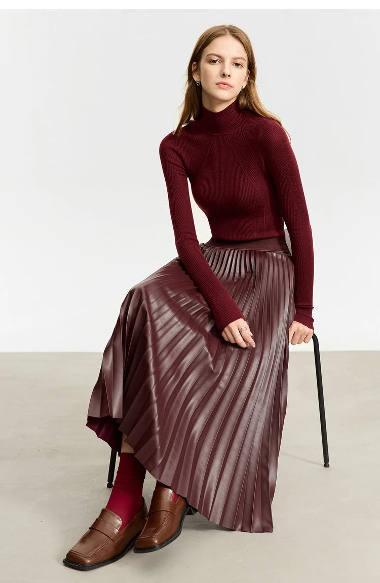 AMII Retro Pleated PU Leather Long Skirt