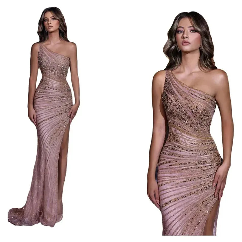 Exquisite One Shoulder Sleeveless Sequined Beading Floor-Length Evening Dress