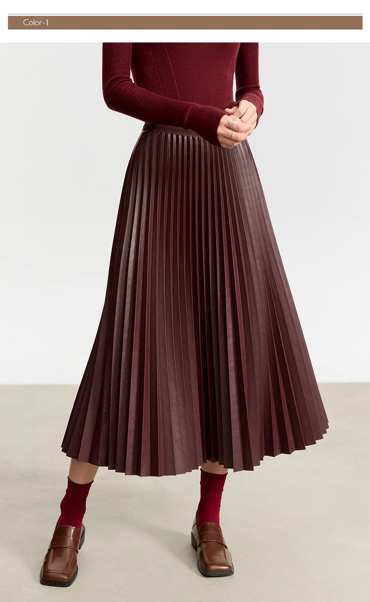 AMII Retro Pleated PU Leather Long Skirt