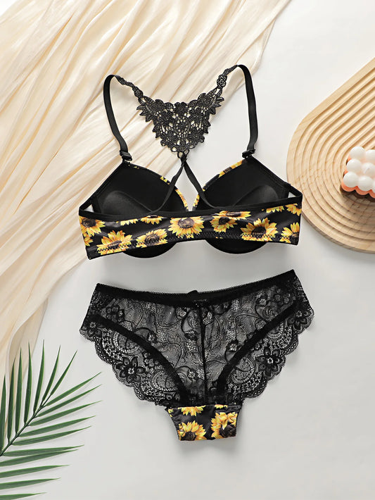 Chrysanthemum pattern push up bra and panties set