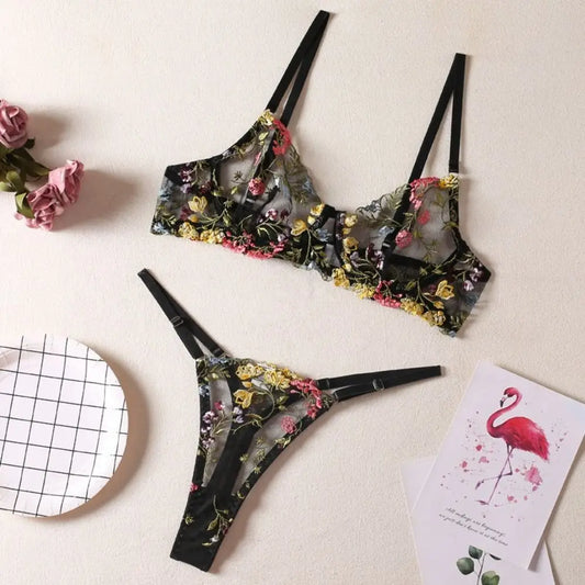 Embroidery Floral Sheer Wireless Bra And Panties Set