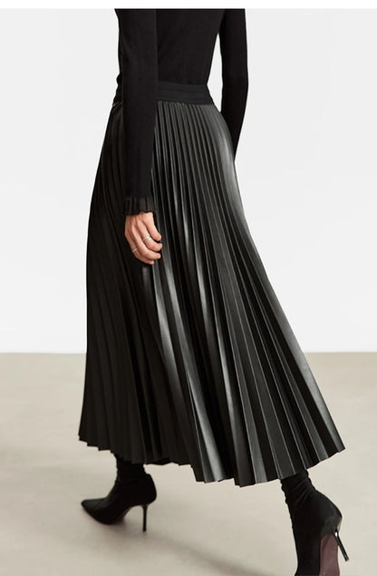 AMII Retro Pleated PU Leather Long Skirt