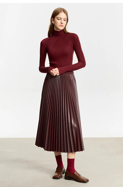 AMII Retro Pleated PU Leather Long Skirt