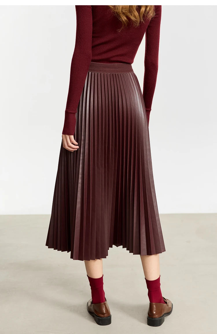 AMII Retro Pleated PU Leather Long Skirt