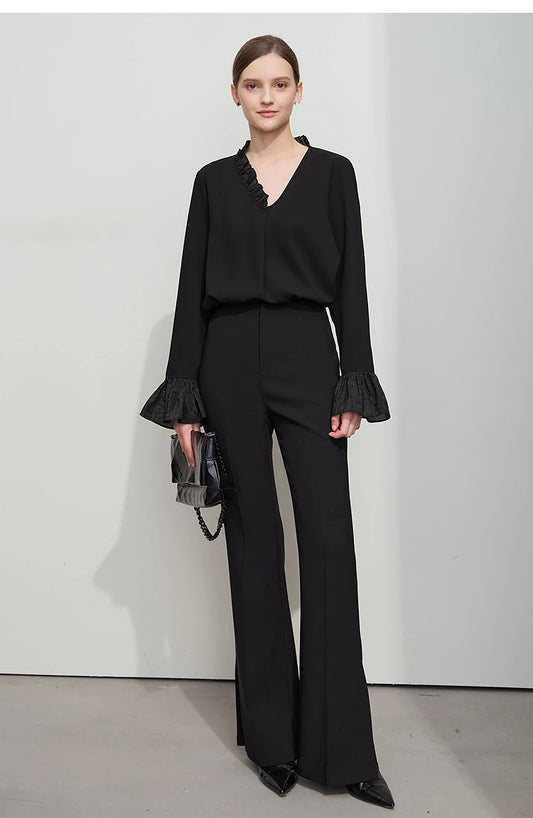 AMII Black Ruffle Splicing Loose Chiffon Shirt
