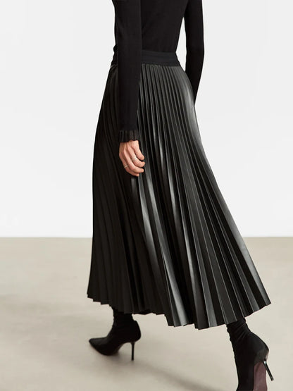 AMII Retro Pleated PU Leather Long Skirt