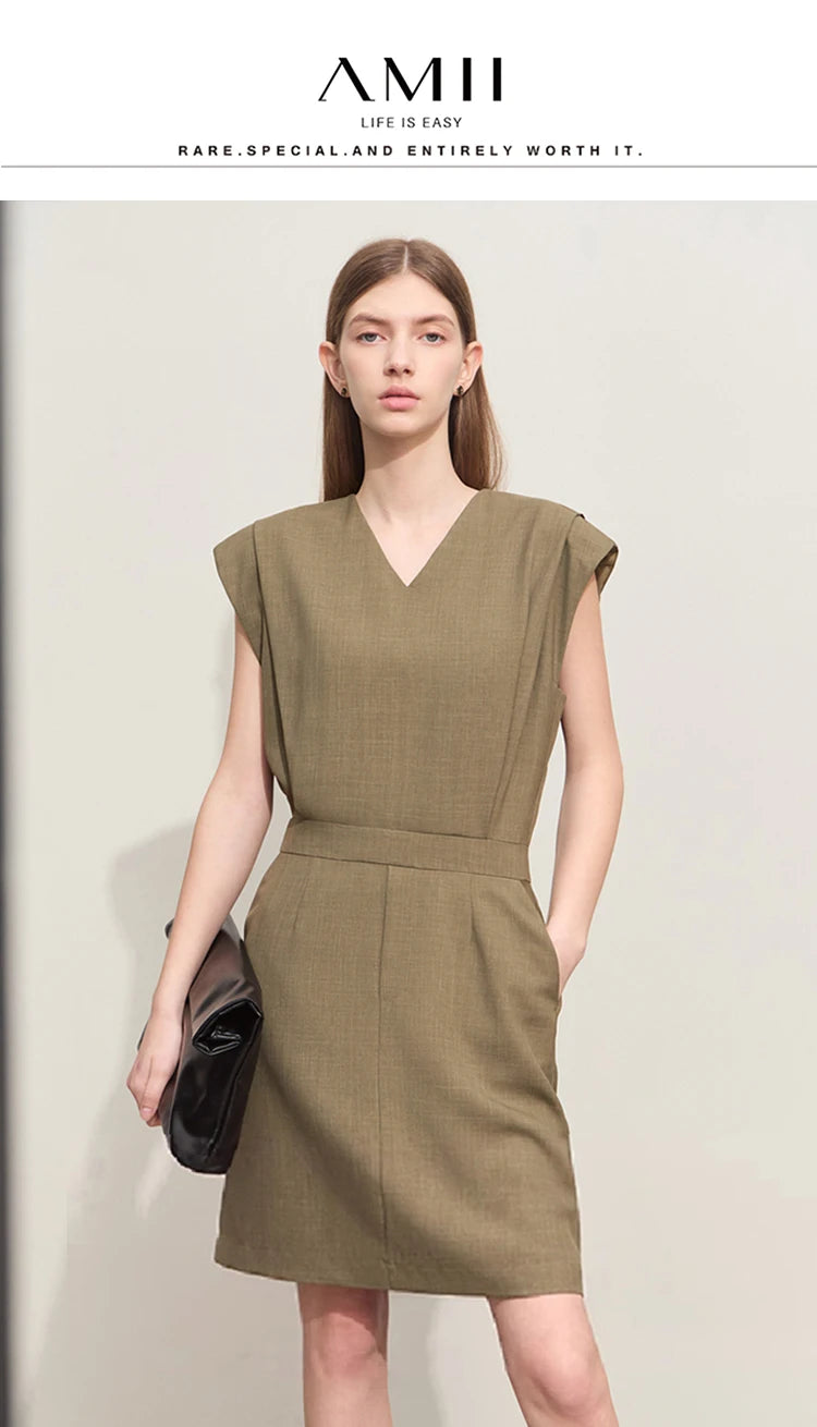 Amii Minimalism V-neck Two-piece Spliced Casual Dress