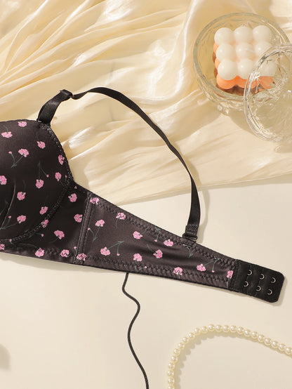 Black floral steel rims gathered push up bra and panties set