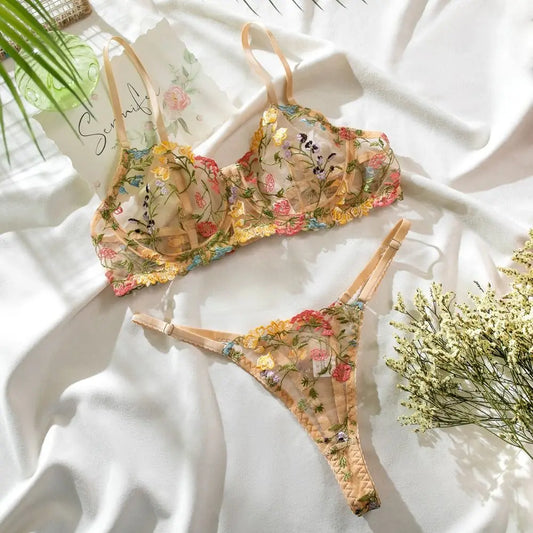 Embroidery Floral Sheer Wireless Bra And Panties Set
