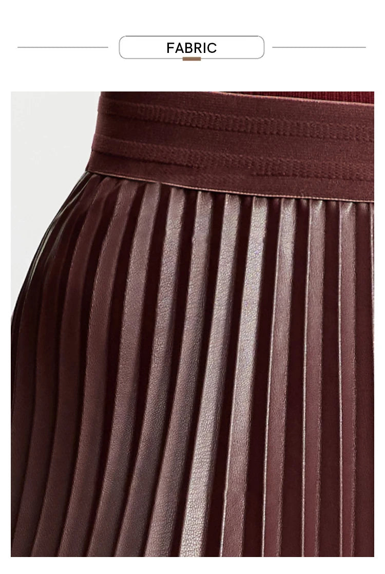 AMII Retro Pleated PU Leather Long Skirt