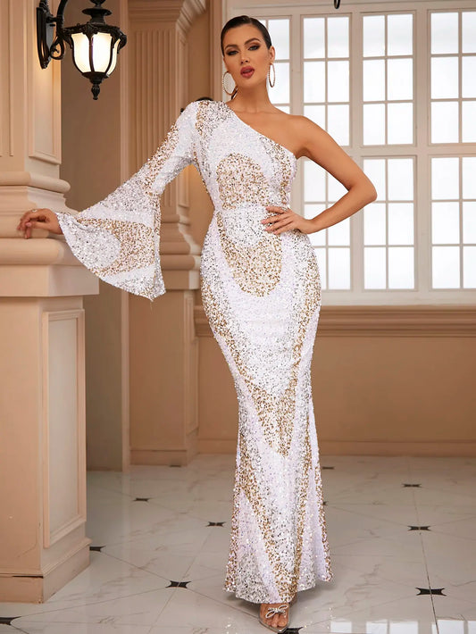 One Shoulder Flounce Sleeve Sequin Fishtail Formal Evening Dress