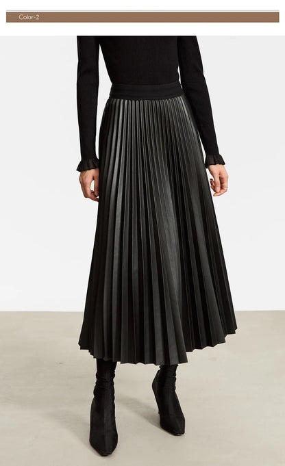 AMII Retro Pleated PU Leather Long Skirt