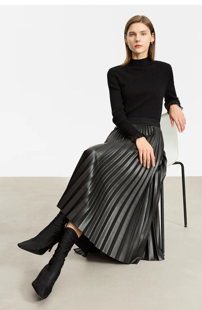 AMII Retro Pleated PU Leather Long Skirt