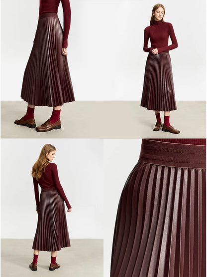 AMII Retro Pleated PU Leather Long Skirt