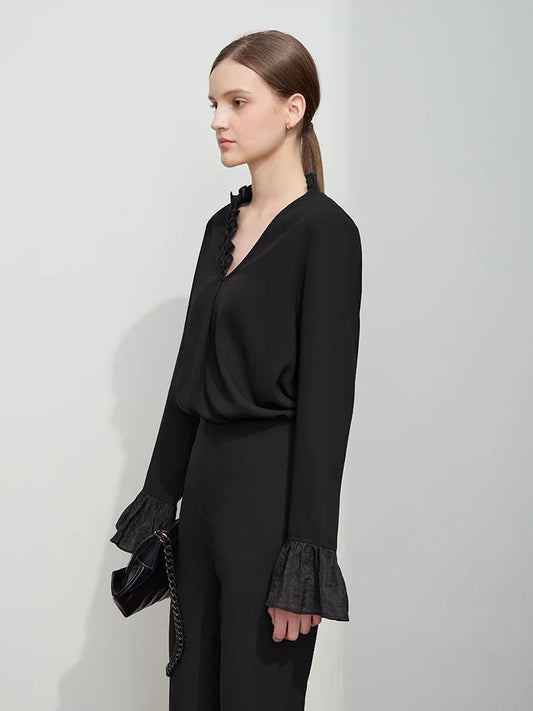 AMII Black Ruffle Splicing Loose Chiffon Shirt