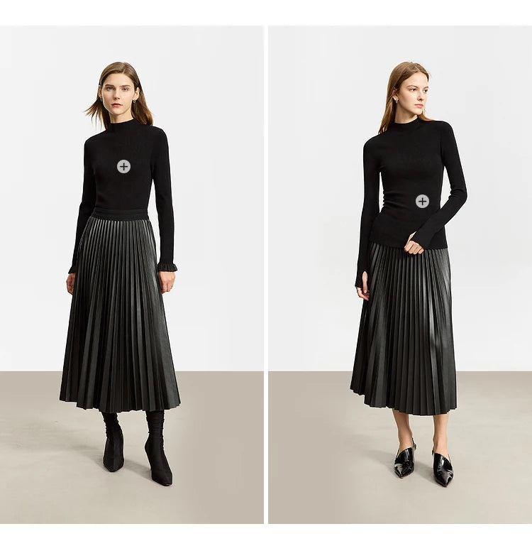 AMII Retro Pleated PU Leather Long Skirt