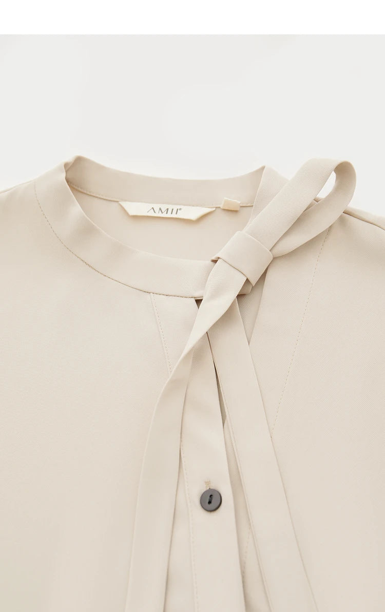 AMII  Stand Collar Lace Up Chiffon Blouse
