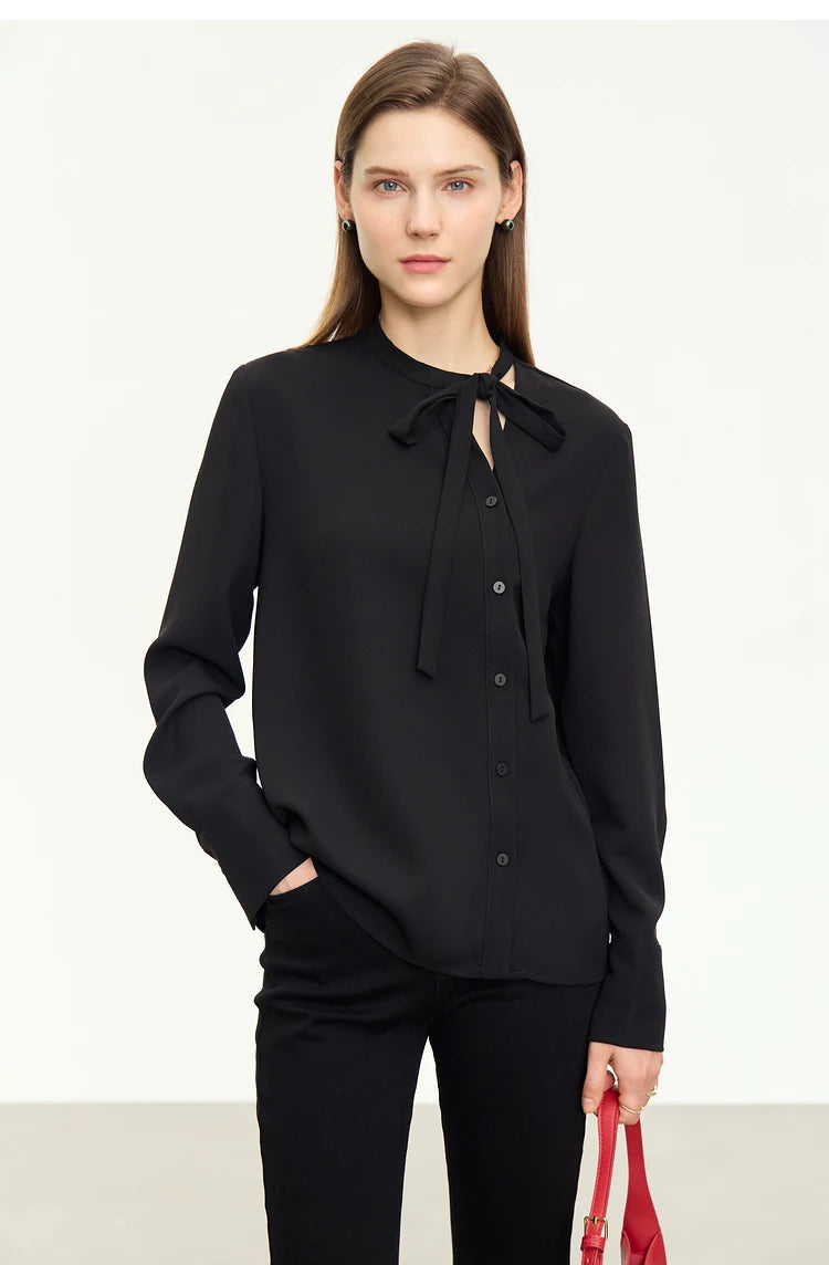 AMII  Stand Collar Lace Up Chiffon Blouse