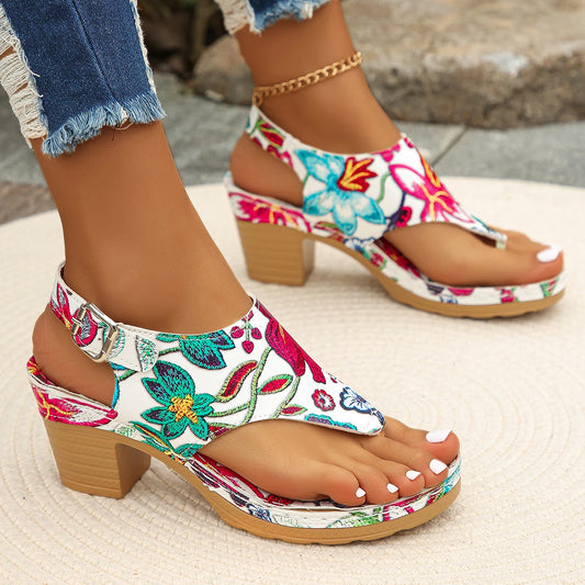 Colorful Floral Open Toe  Block Heels  Rome Sandals
