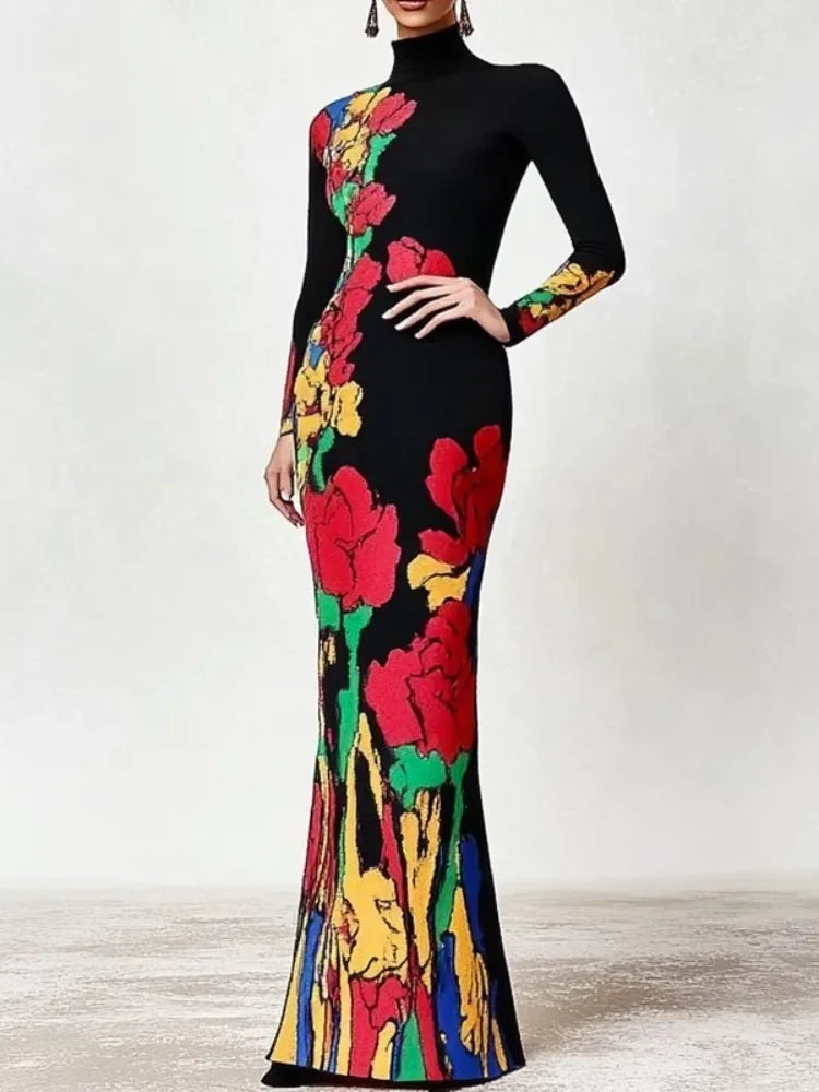 Elegant Black Floral Printed Long Sleeves High Neck Evening Dress