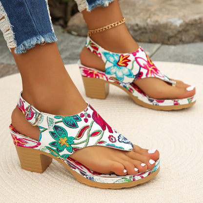 Colorful Floral Open Toe  Block Heels  Rome Sandals