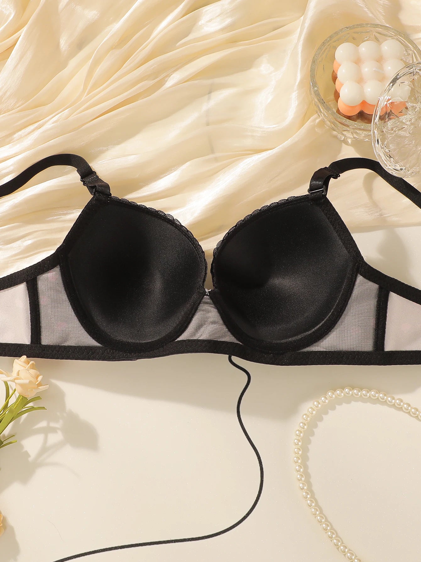 Black floral steel rims gathered push up bra and panties set