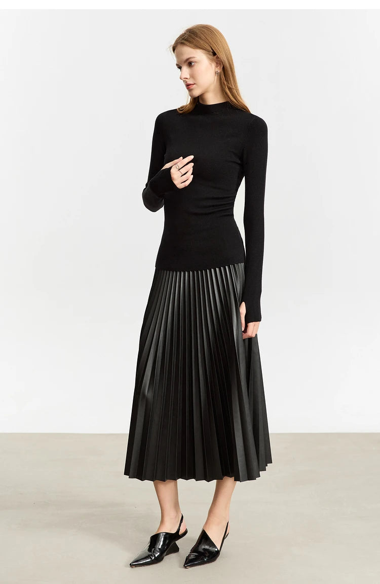 AMII Retro Pleated PU Leather Long Skirt