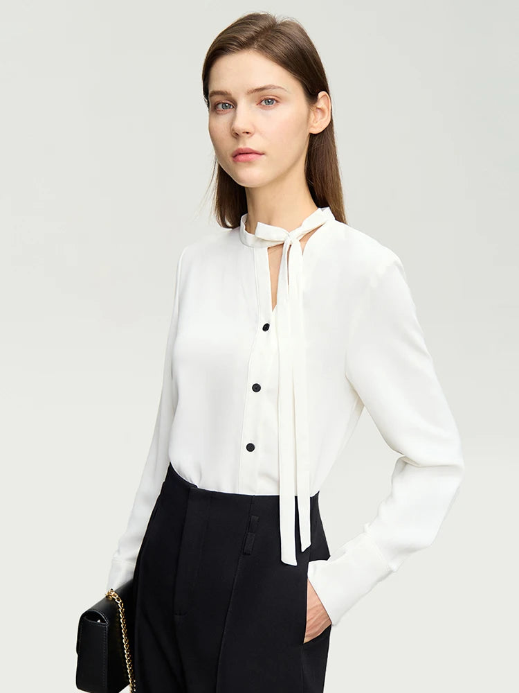 AMII  Stand Collar Lace Up Chiffon Blouse