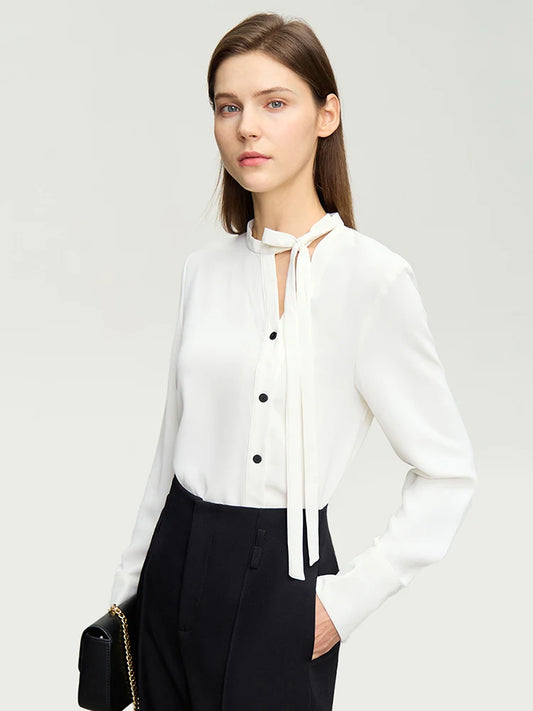 AMII  Stand Collar Lace Up Chiffon Blouse