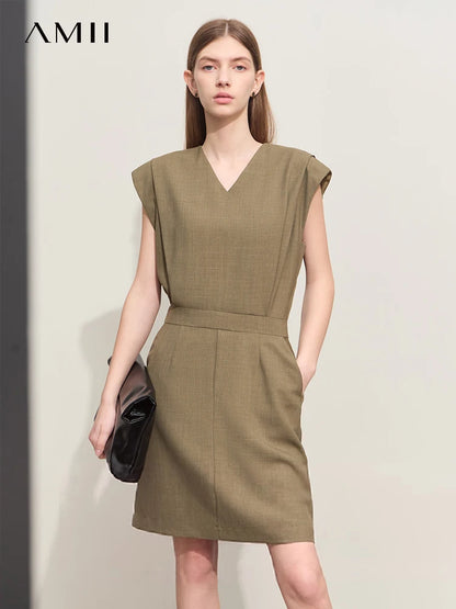 Amii Minimalism V-neck Two-piece Spliced Casual Dress