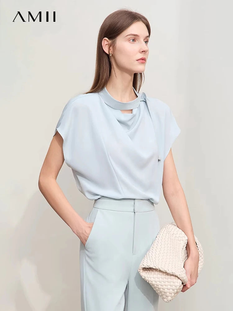 Amii Minimalism Swing Neck Chiffon  Blouse With Tie