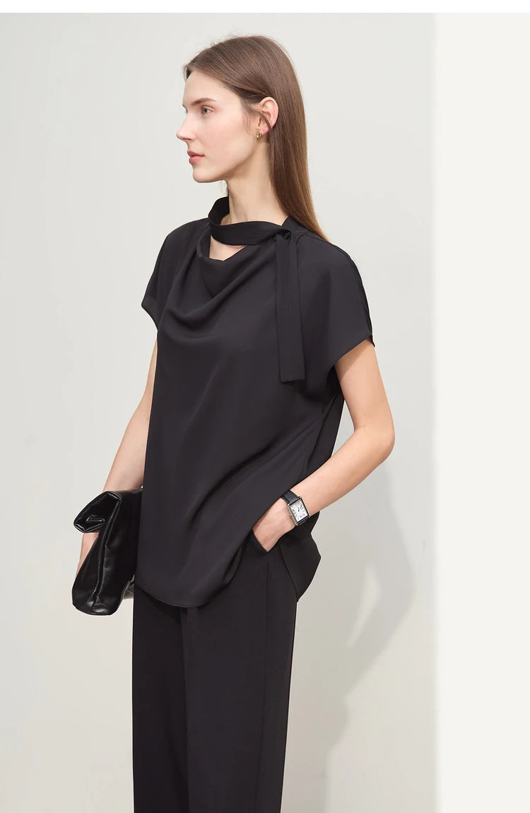 Amii Minimalism Swing Neck Chiffon  Blouse With Tie