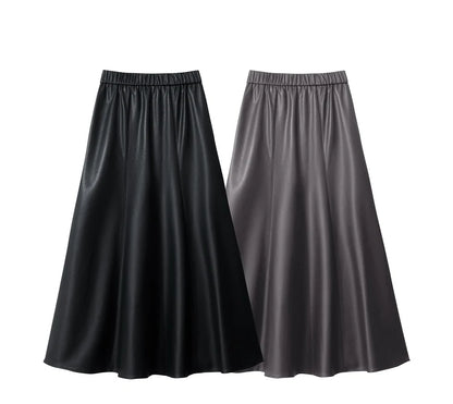 AMII Minimalist PU Elastic Waist Leather Skirt