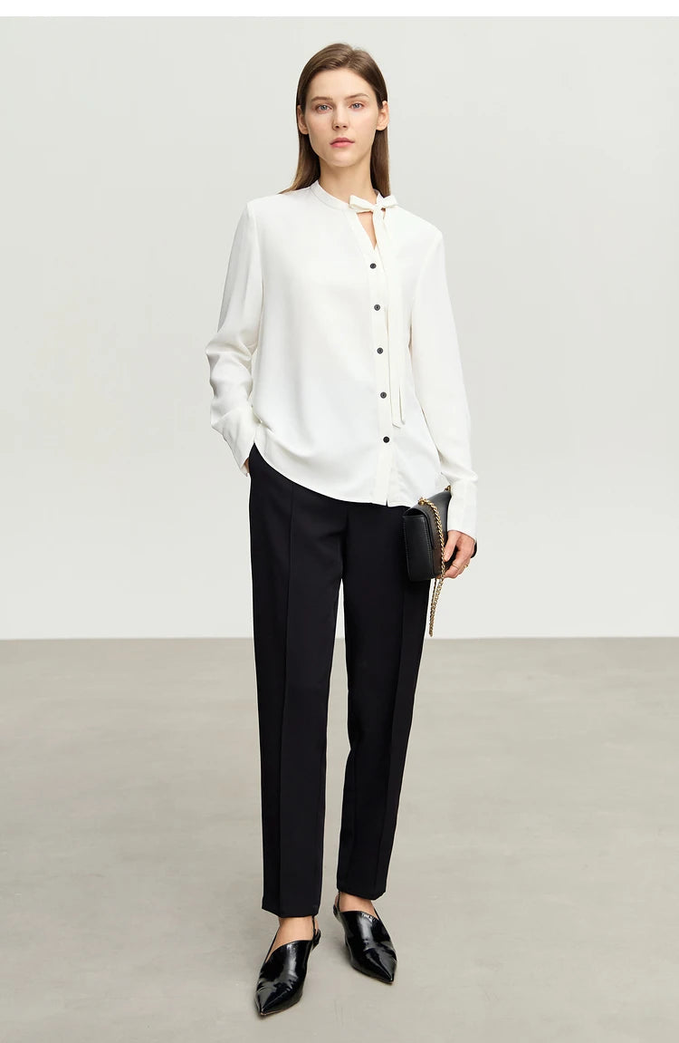 AMII  Stand Collar Lace Up Chiffon Blouse