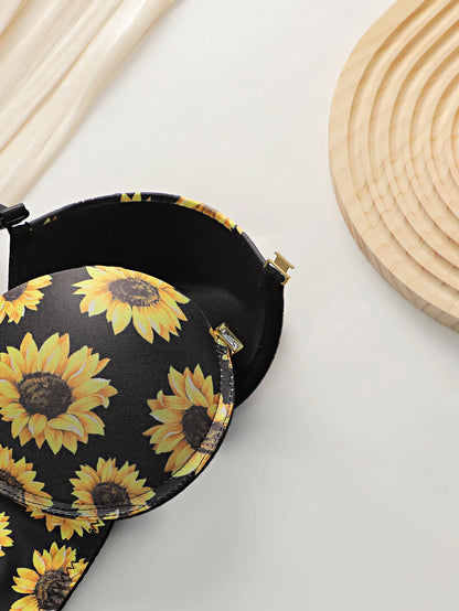 Chrysanthemum pattern push up bra and panties set