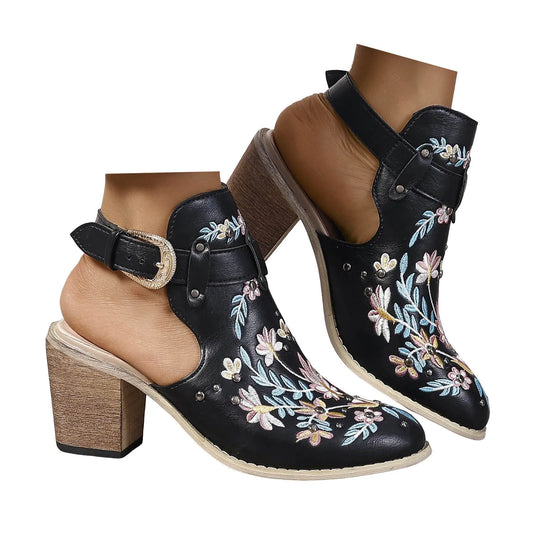 Embroidery Retro High Heeled  Bootie Sandals