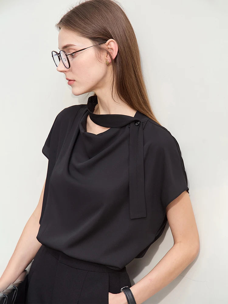 Amii Minimalism Swing Neck Chiffon  Blouse With Tie