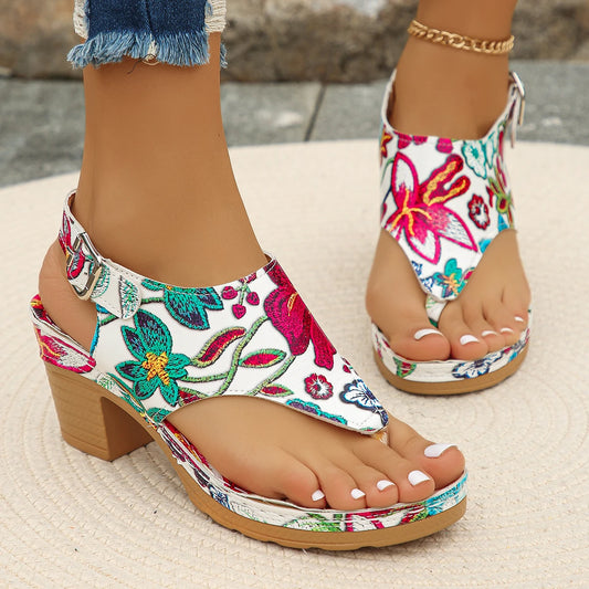 Colorful Floral Open Toe  Block Heels  Rome Sandals