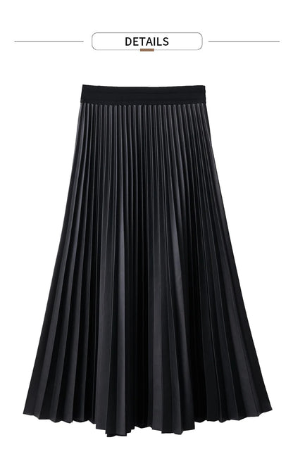 AMII Retro Pleated PU Leather Long Skirt