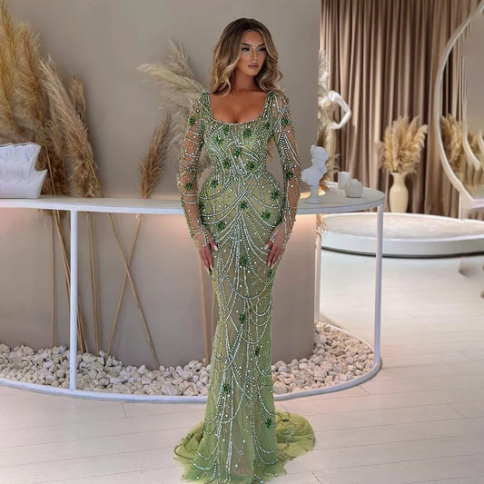 SERENE HILL Luxury Sage Green Mermaid Crystals Beaded Evening Gown